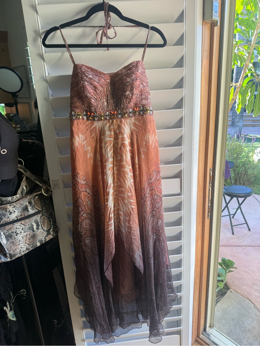 Beaded Ombre Silk halter  Midi Dress in Rust